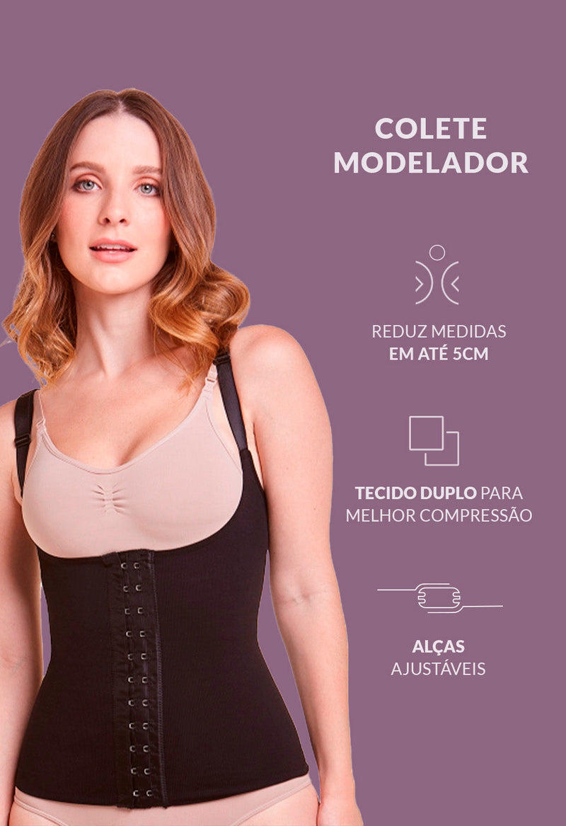 Colete Modelador Com Barbatana Tecido Duplo Preto(COMPRE 1 LEVE 2)